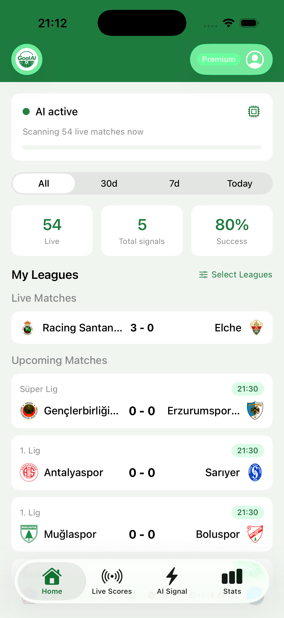 GoalAI home screen