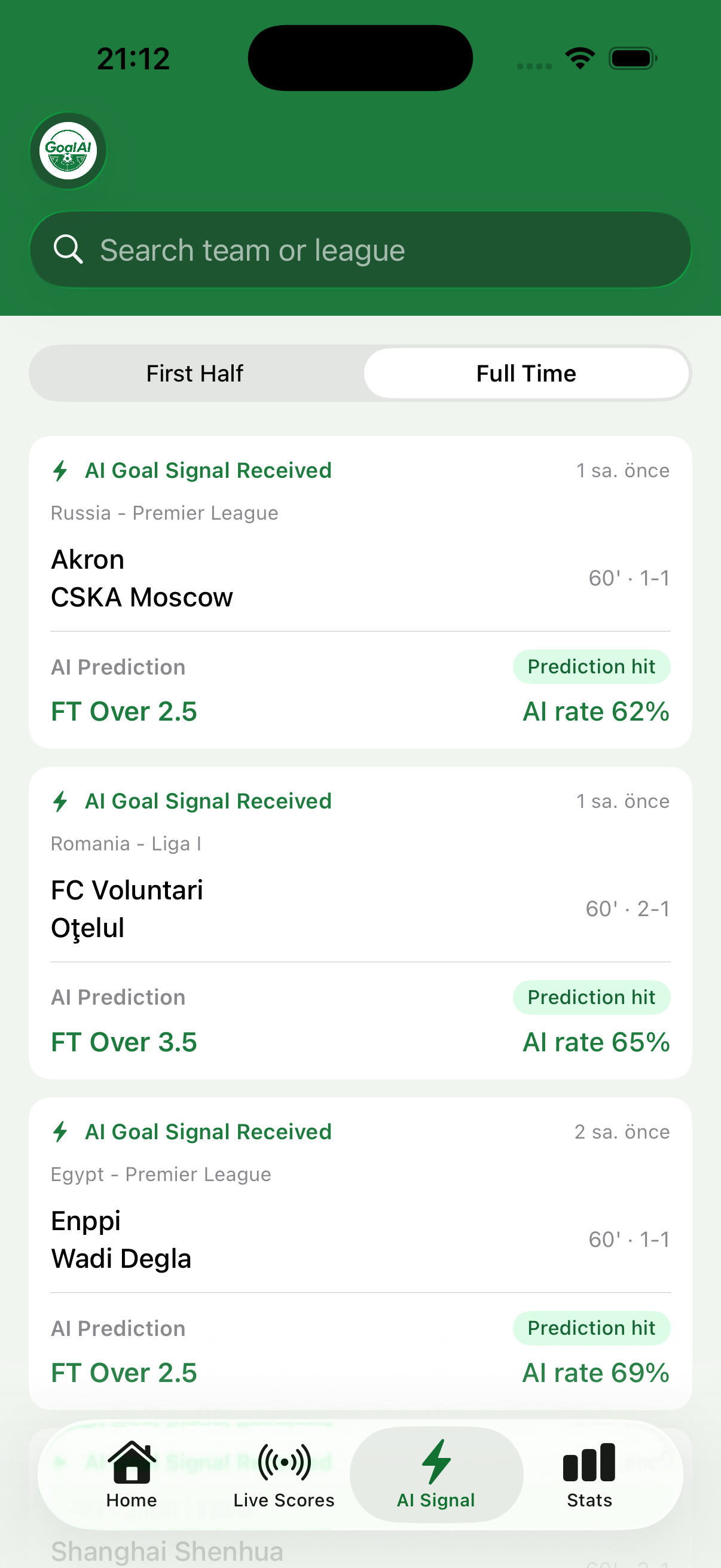 GoalAI signal screen