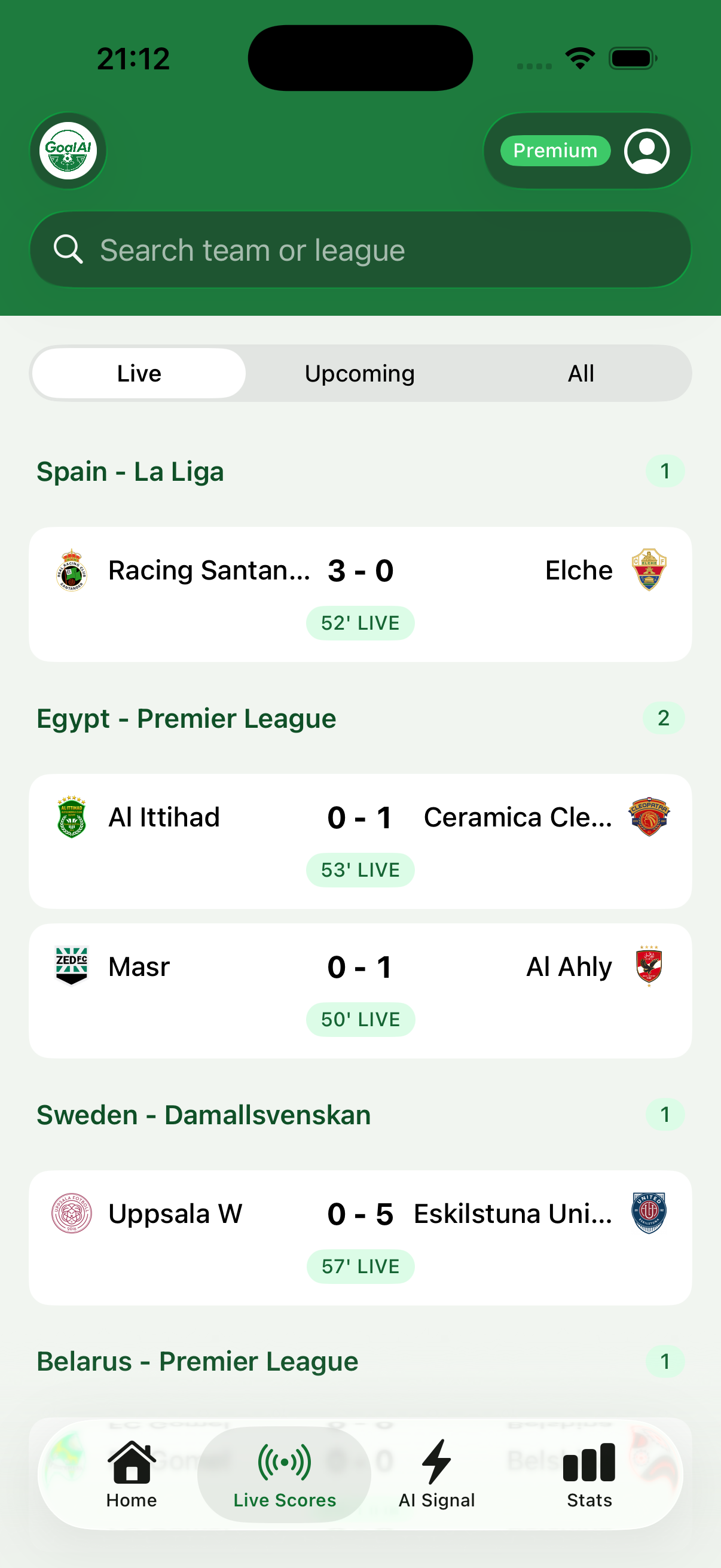 GoalAI stats screen